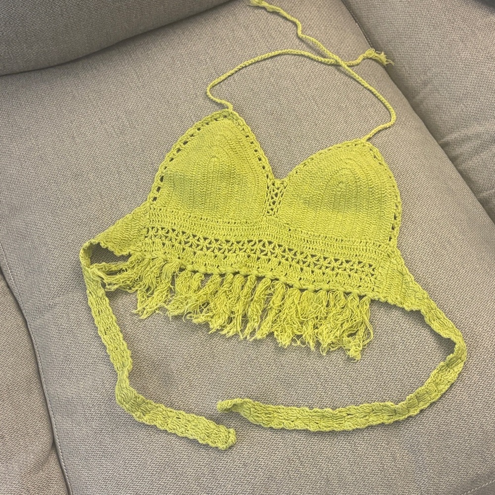 Handmade Crochet Fringe Halter Top - Chartreuse